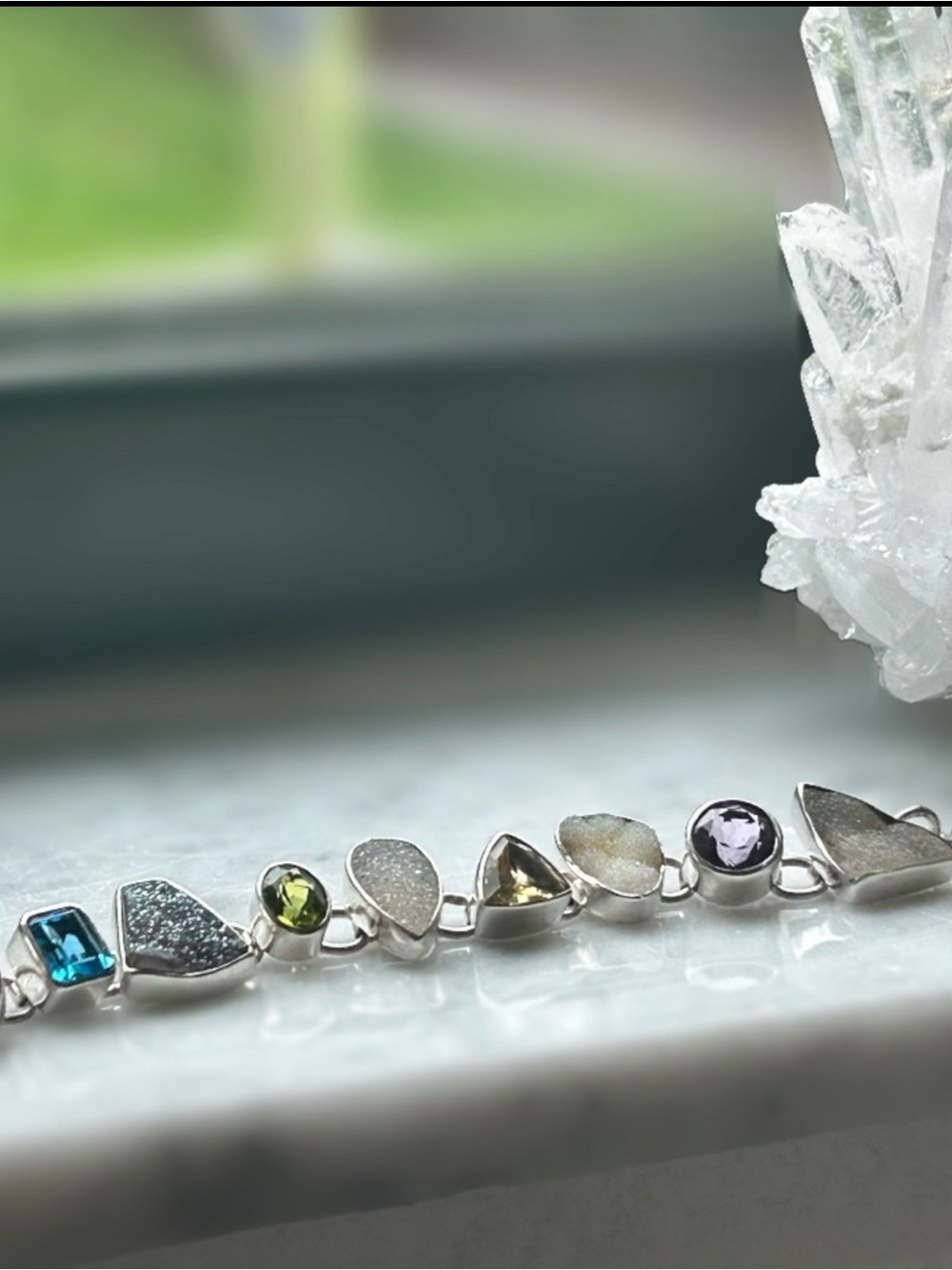 Charles Albert Fine .950 Sterling Silver Multi-Gemstone Link Bracelet